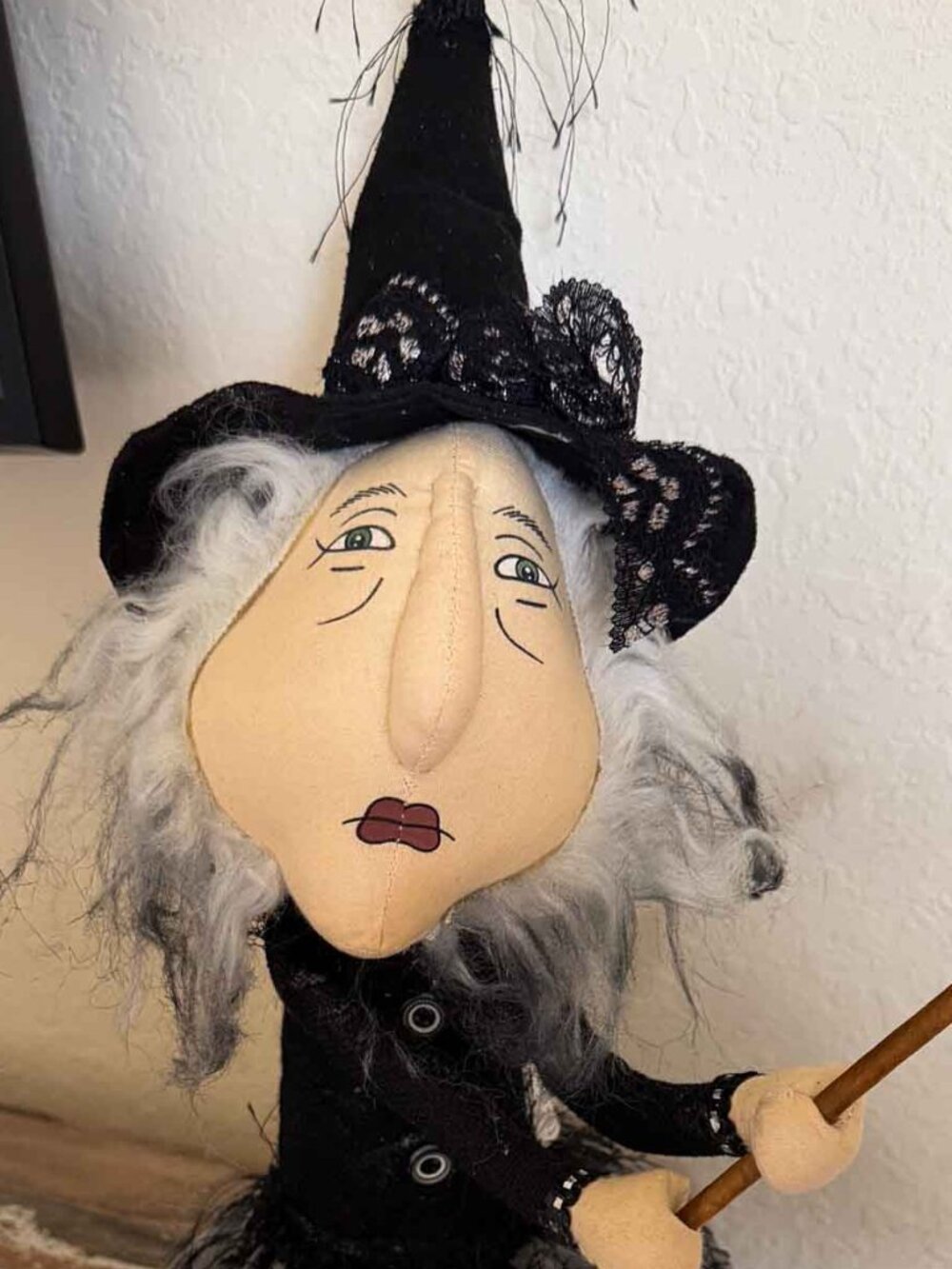 Halloween Witch Shelf Sitter Doll Gray Hair Black Lace Broom Gothic Decor